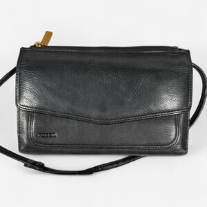 Fossil Leather Crossbody Wallet Purse Vintage Black Flap